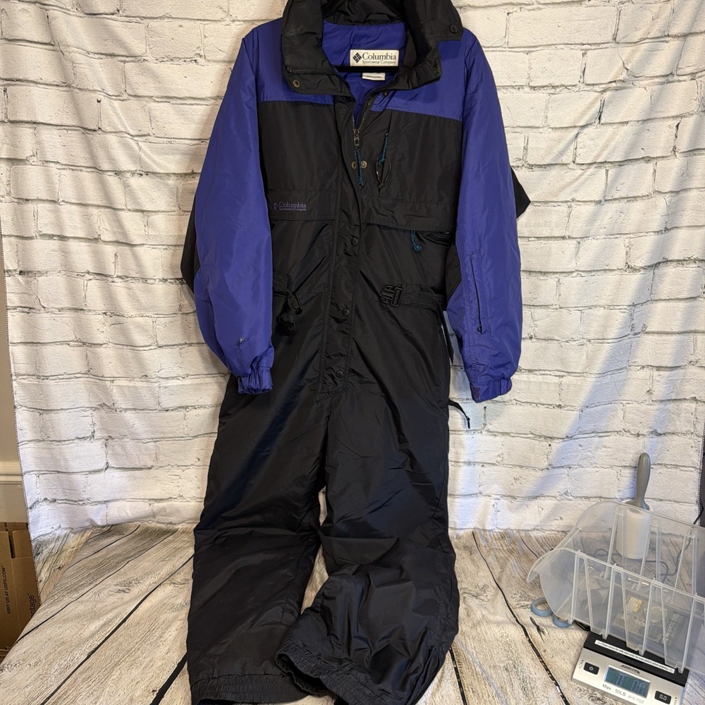 Vintage Columbia Ski Suit Purple Black One Piece Snow Bib Jumpsuit Large